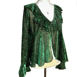 Maree Active Wear ~ Medium ~ USA ~ Green Green Shimmery Ruffle Sheer Top Blouse